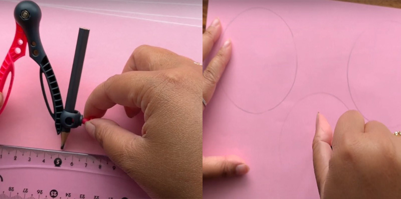 Đặt tờ giấy A4 lên bàn, dùng compa đo trên thước 5cm rồi vẽ lên giấy những hình tròn bán kính 5cm. Bạn vẽ khoảng 3 - 4 hình tròn nhé