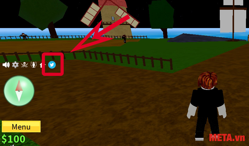 Truy cập vào game Blox Fruit → Nhấn vào biểu tượng Twitter (con chim màu xanh) như hướng dẫn.