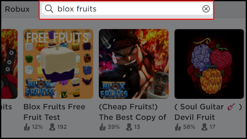 Sau khi tải xong Roblox, bạn mở ứng dụng lên và nhập vào khung tìm kiếm trò chơi Blox Fruit.