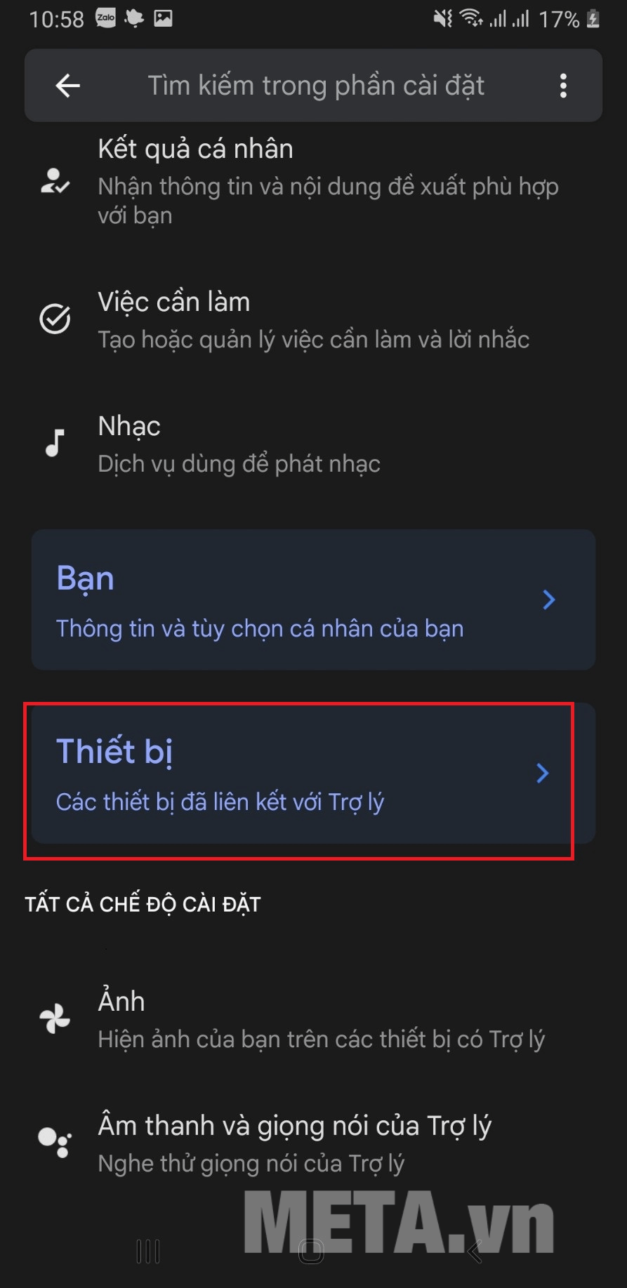 Chọn mục Thiết bị