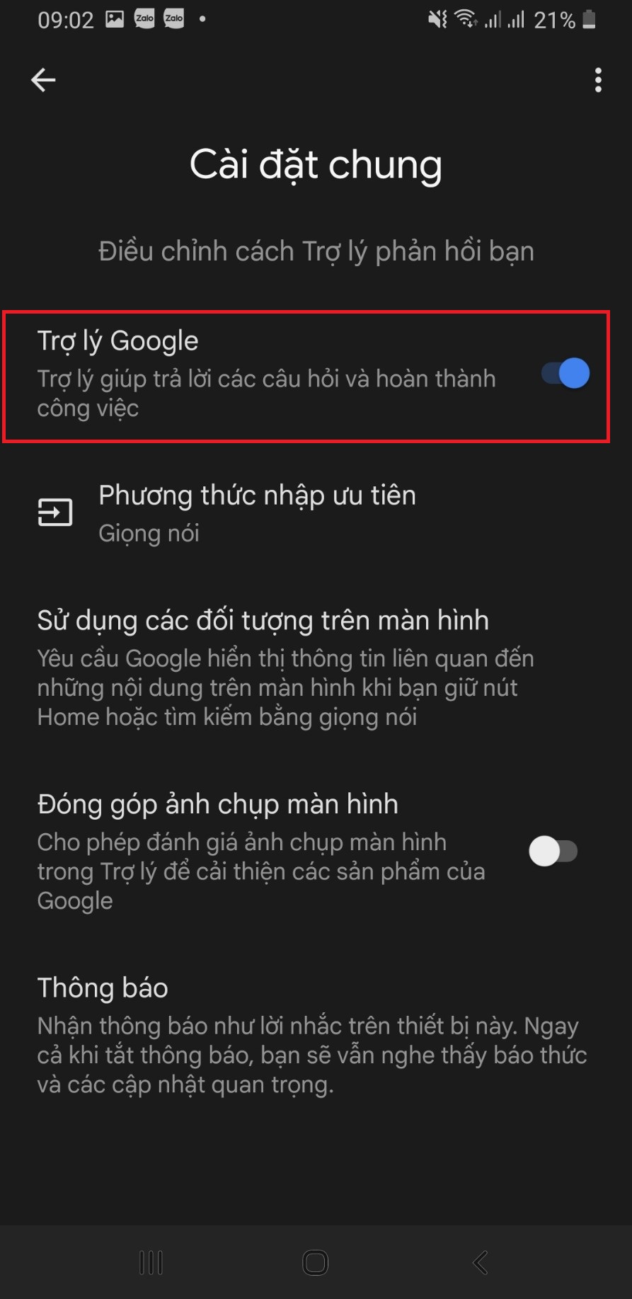 Chuyển trạng thái Trợ lý Google