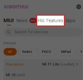 Chọn vào tab Hid. Features để xem những chức năng ẩn trên điện thoại