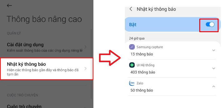 Chọn Nhật ký thông báo khi xem tin nhắn đã thu hồi trên Zalo trên Samsung