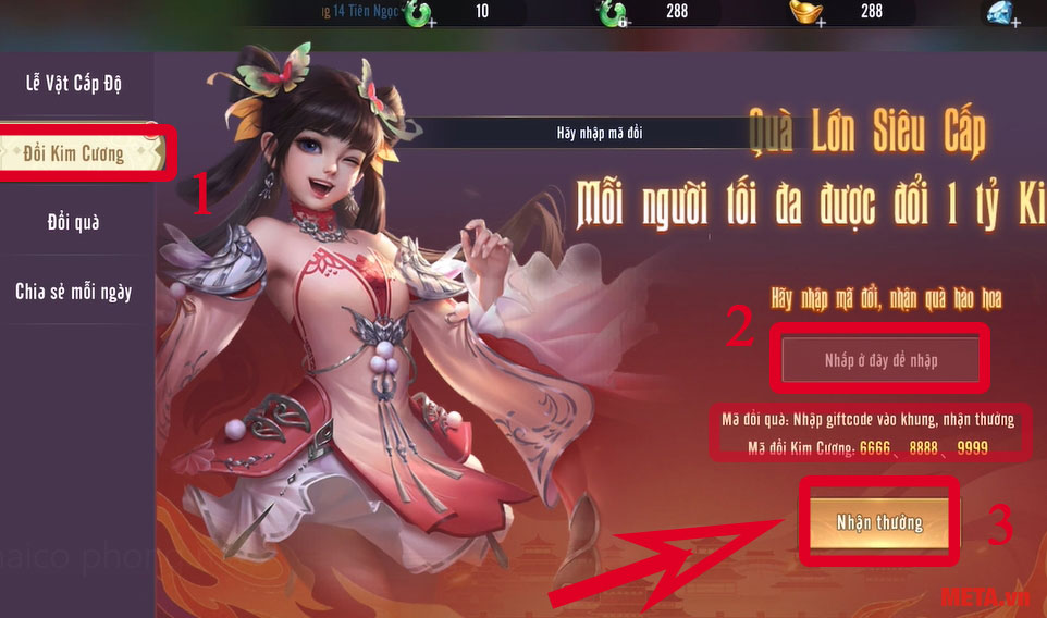 Ngoài cách nhận quà từ giftcode, bạn còn có thể nhận kim cương trong tính năng Phúc Lợi bằng cách chọn vào Đổi Kim Cương → Nhập code kim cương có sẵn ở dưới → Nhấn Nhận Thưởng.