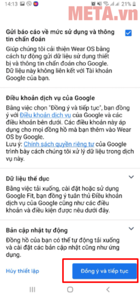 Nhấn Đồng ý và tiếp tục để cài ứng dụng kết nối đồng hồ thông minh với điện thoại