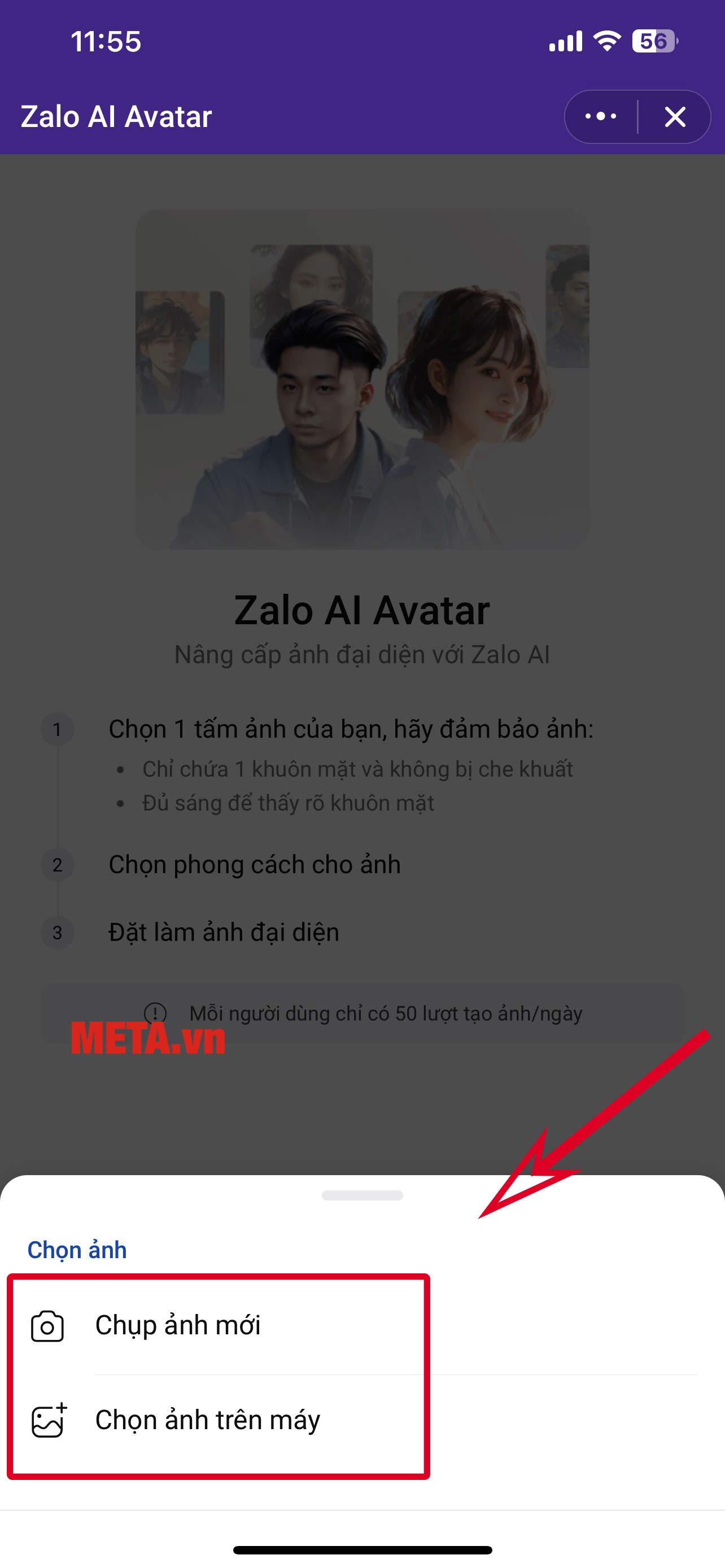 Bạn nhấn chọn Chụp ảnh mới hoặc Chọn ảnh trên máy để tiến hành vẽ AI