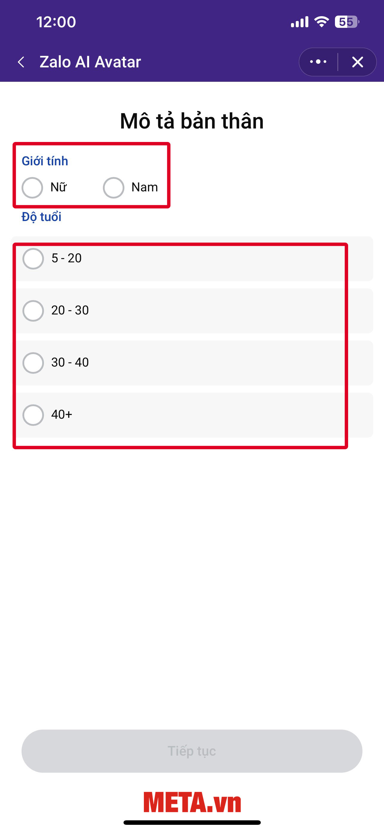 Nhấn chọn giới tính và độ tuổi của bạn để vẽ AI