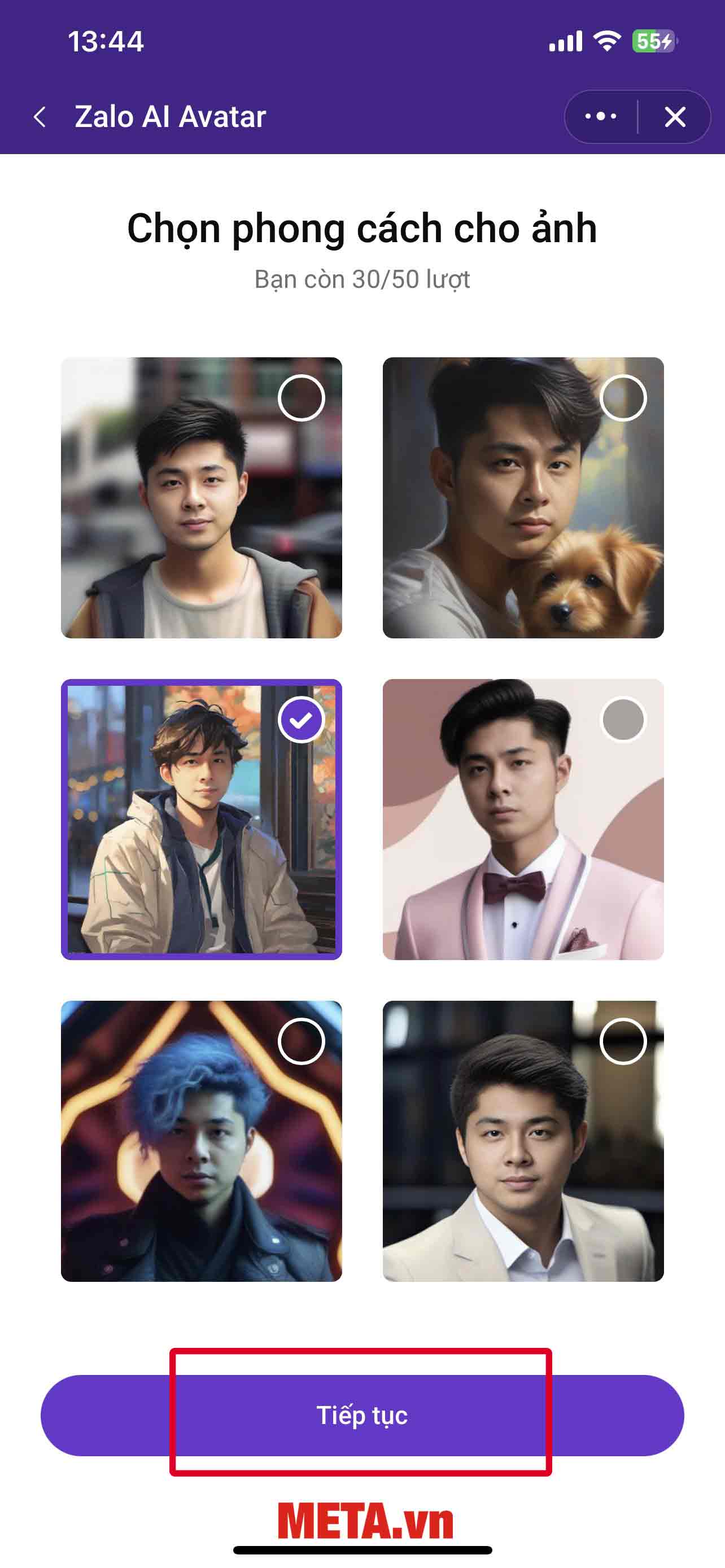 Lựa chọn phong cách ảnh mà bạn muốn Zalo AI vẽ → Nhấn Tiếp tục