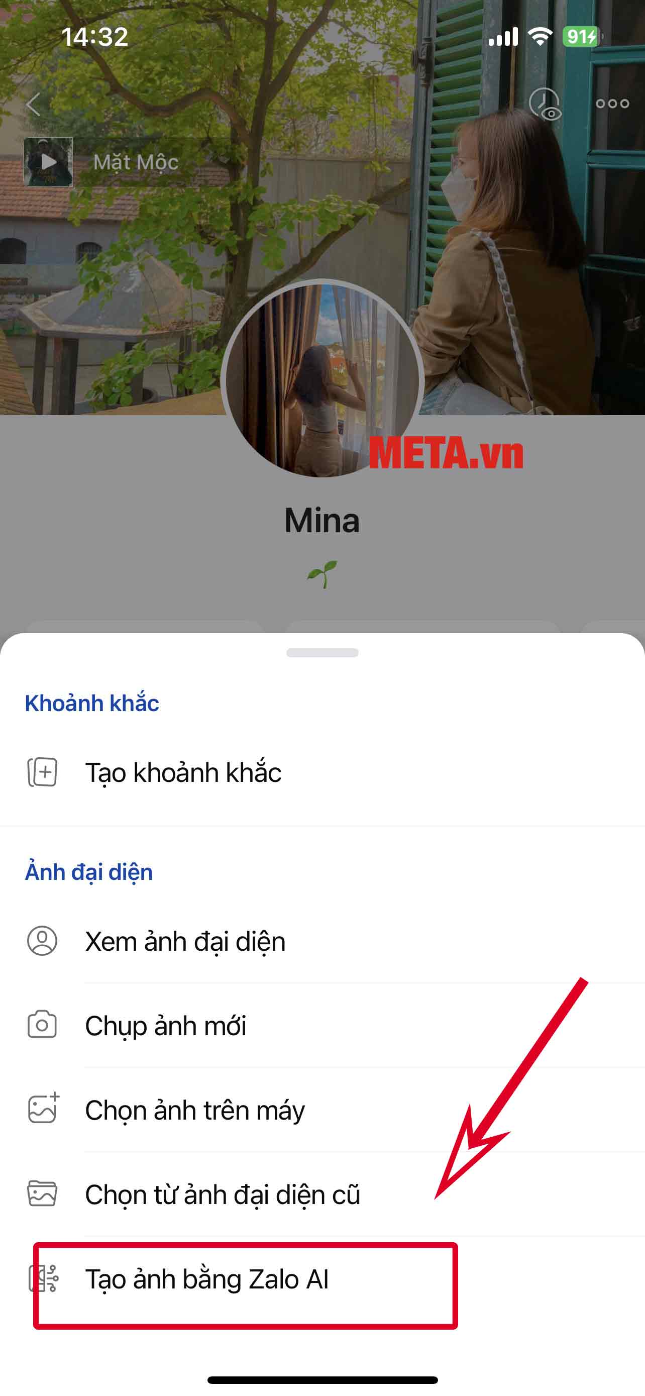 Truy cập vào Zalo → Nhấn vào Trang cá nhân của bạn → Nhấn vào Ảnh đại diện → Nhấn tiếp Tạo ảnh bằng Zalo AI