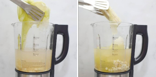 Sau 15 phút nút, bạn vớt bỏ áo ngô và lõi ngô ra ngoài, thêm nước cốt dừa và chút đường phèn vào, chọn chức năng Sữa không nấu