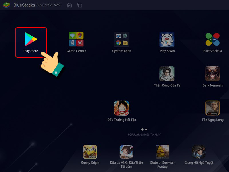 Tại giao diện chính của ứng dụng Bluestacks, bạn nhấn vào Cửa hàng trò chơi (Play Store)