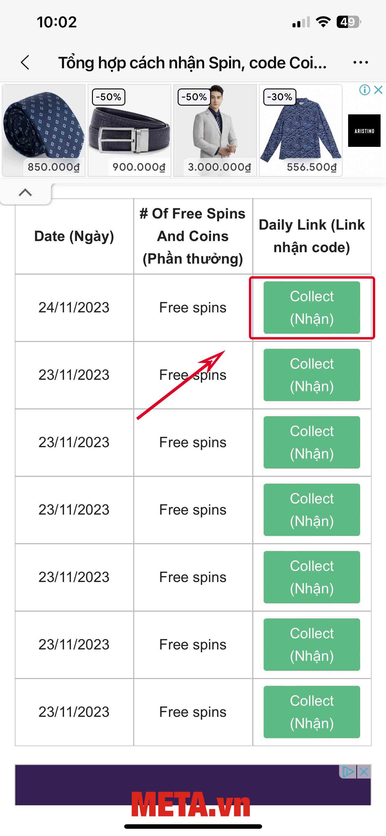 Nhấn vào nút Collect ở cột Daily link để nhận vàng và lượt spin tương ứng