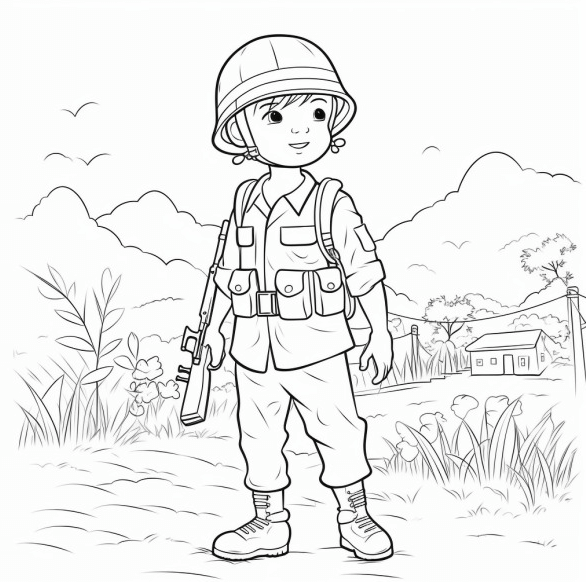 Tranh tô màu chú bộ đội nhỏ dễ thương