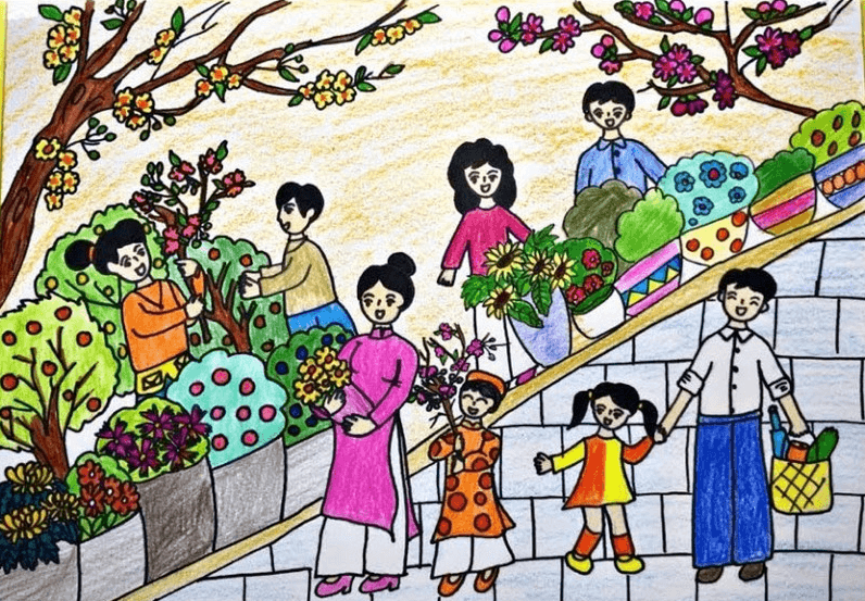 Vẽ tranh chợ Tết đơn giản