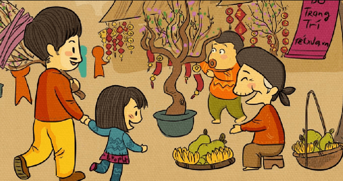 Vẽ tranh chợ Tết đơn giản