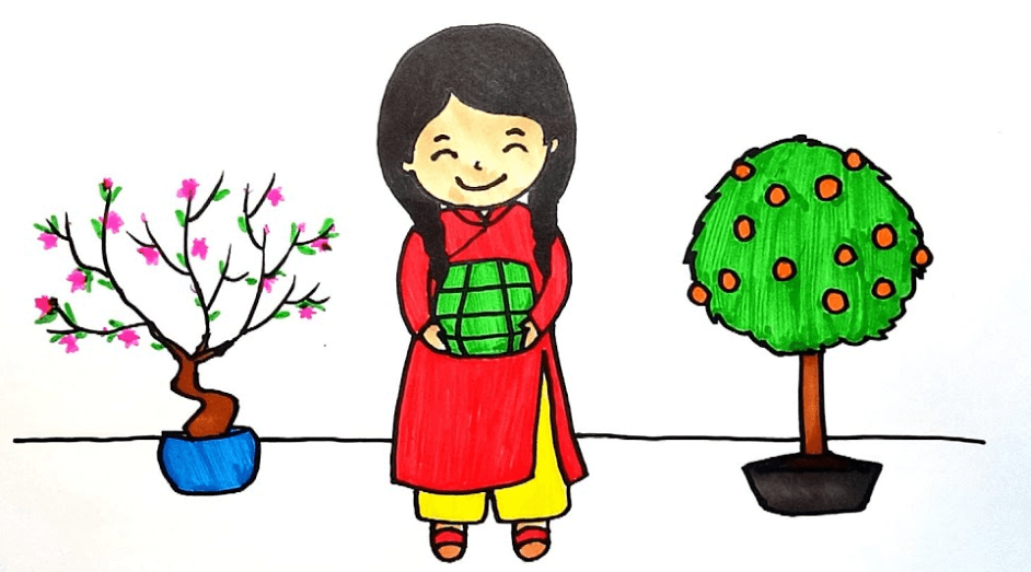 Vẽ tranh ngày Tết đơn giản có đào và quất