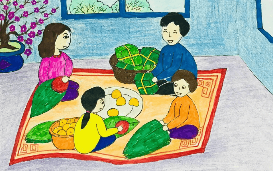 Vẽ tranh ngày Tết đơn giản cả nhà gói bánh chưng