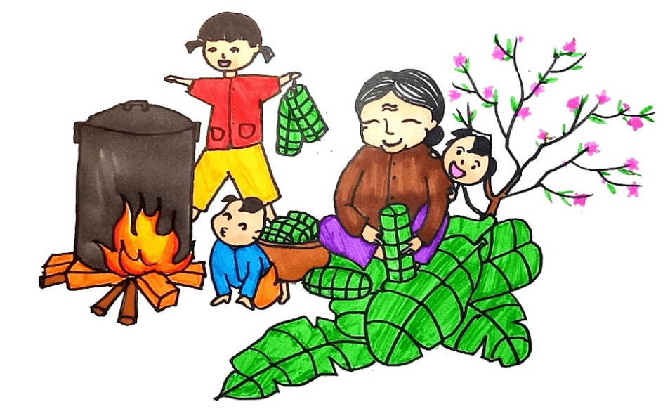 Vẽ tranh ngày Tết đơn giản cả gia đình đun bánh chưng
