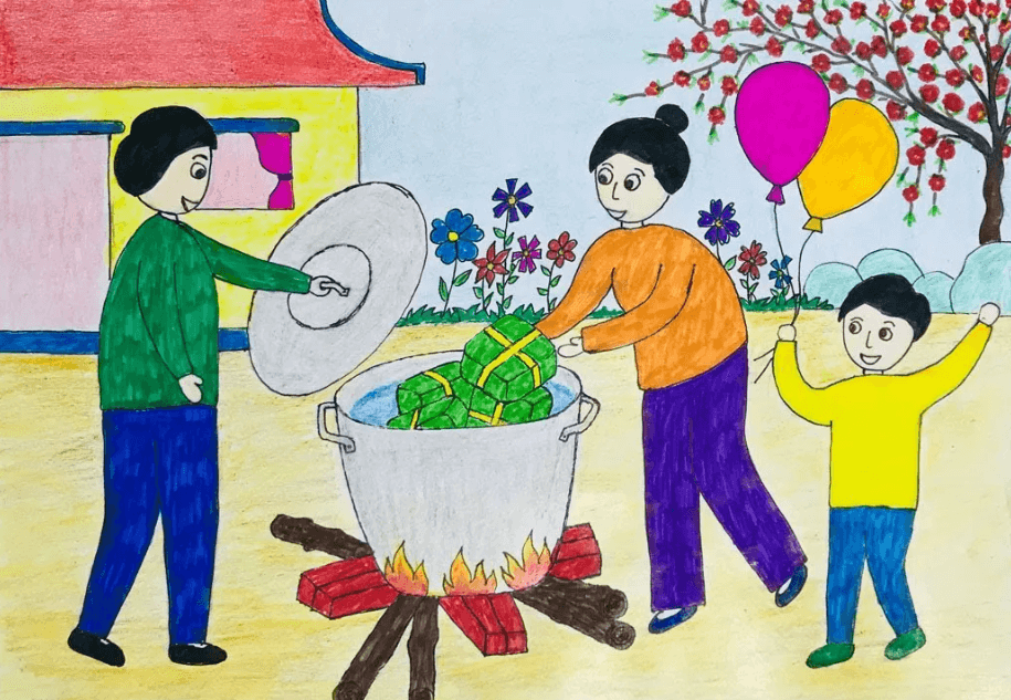 Vẽ tranh đề tài gia đình ngày Tết