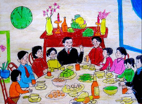 Vẽ tranh đề tài ngày Tết đón giao thừa