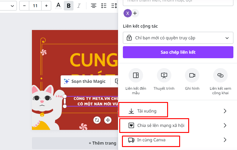 Chọn phương thức lưu, chia sẻ hoặc in thiệp chúc Tết