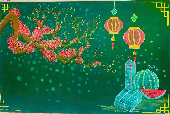 Vẽ trang trí bảng lớp ngày Tết
