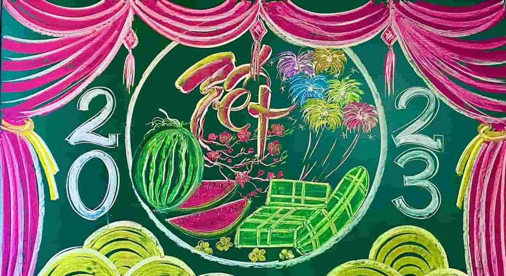 Mẫu trang trí bảng Tết đẹp, ấn tượng