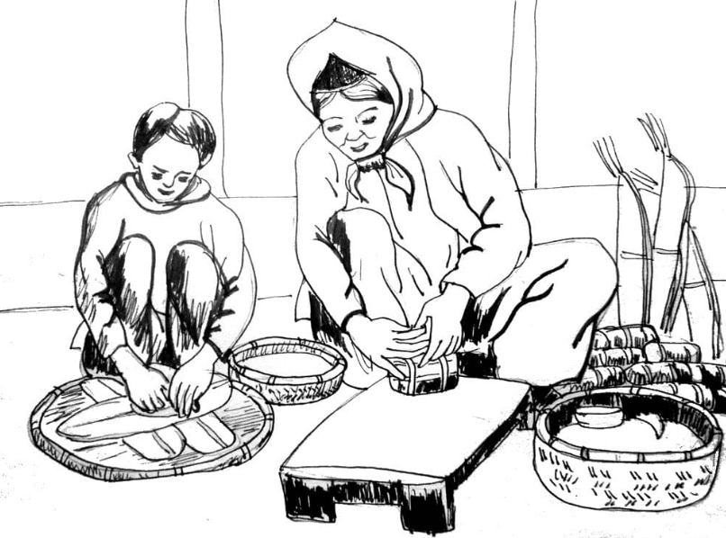 Tranh tô màu gói bánh chưng ngày Tết cho bé
