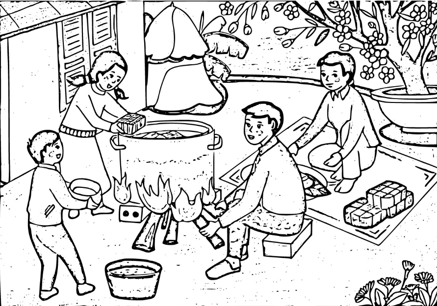Tranh tô màu cả nhà gói bánh chưng ngày Tết cho bé