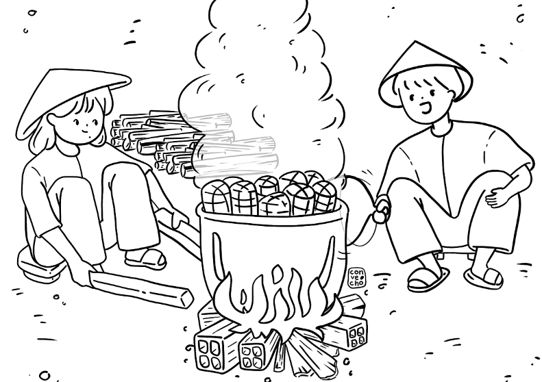 Tranh tô màu đun bánh chưng ngày Tết cho bé