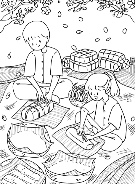 Tranh tô màu gói bánh chưng ngày Tết đáng yêu cho bé