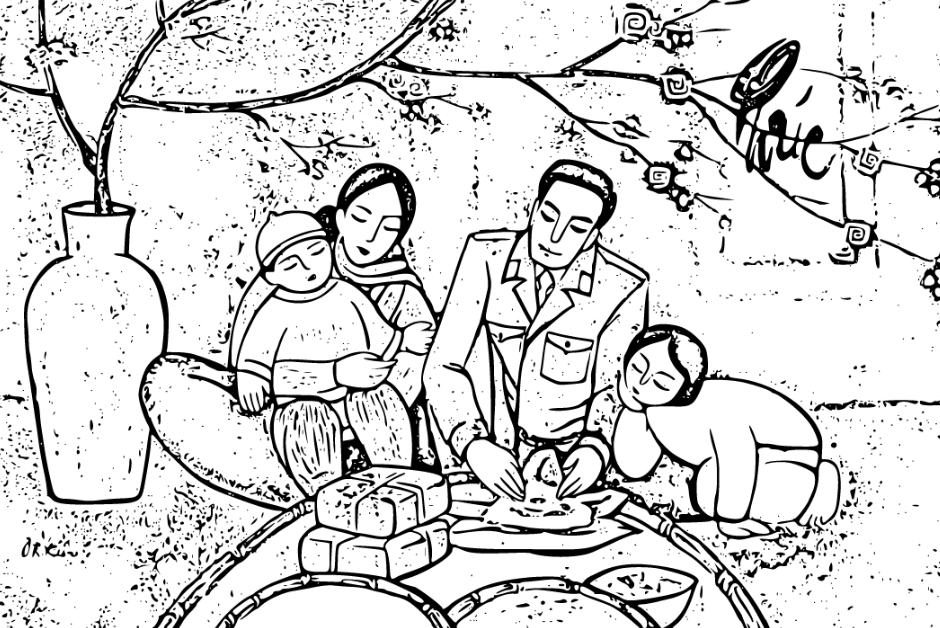 Tranh tô màu gói bánh chưng ngày Tết dễ thương cho bé