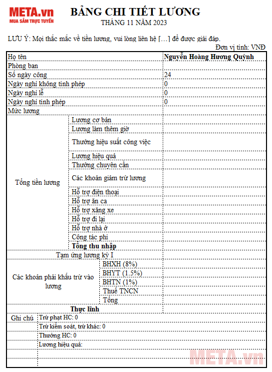 Mẫu bảng lương chi tiết mới nhất
