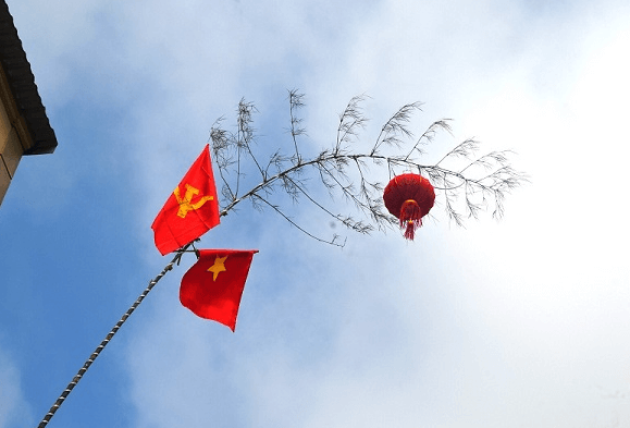 Hình ảnh cây nêu ngày Tết đẹp với đèn lồng và cờ tổ quốc