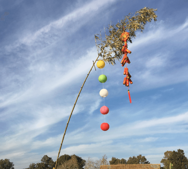 Hình ảnh cây nêu ngày Tết đẹp với đèn lồng và dây pháo