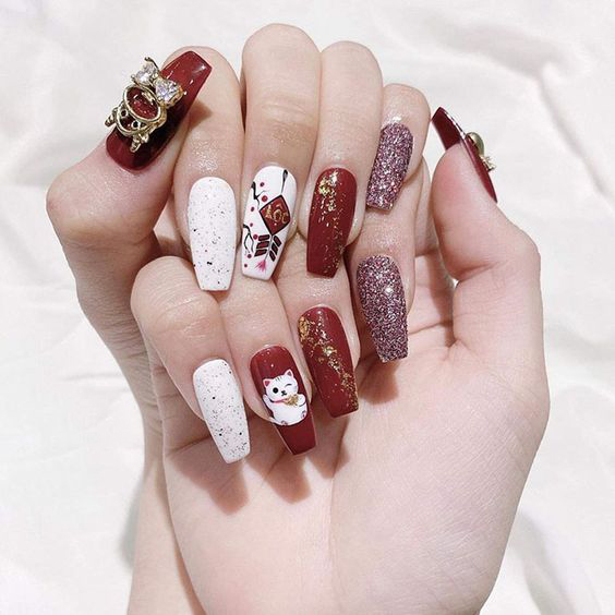 Mẫu nail Tết con mèo
