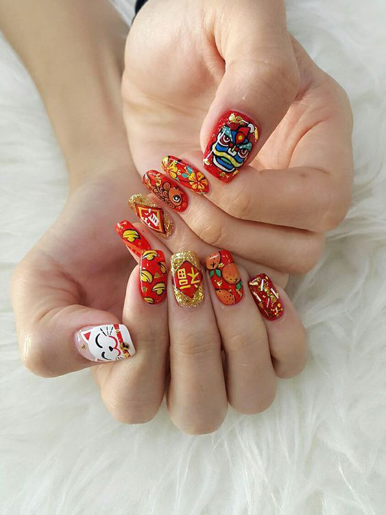 Mẫu nail Tết con mèo