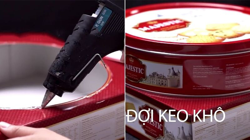 Dùng súng bắn keo bôi vào phần viền của vỏ hộp bánh rồi đặt bánh Majestic lên, giữ đến khi keo khô