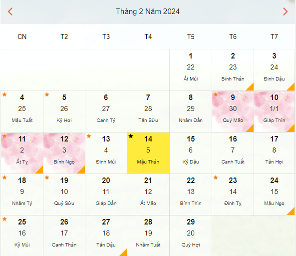 14/2/2024 là ngày mấy âm lịch? Vào thứ mấy?