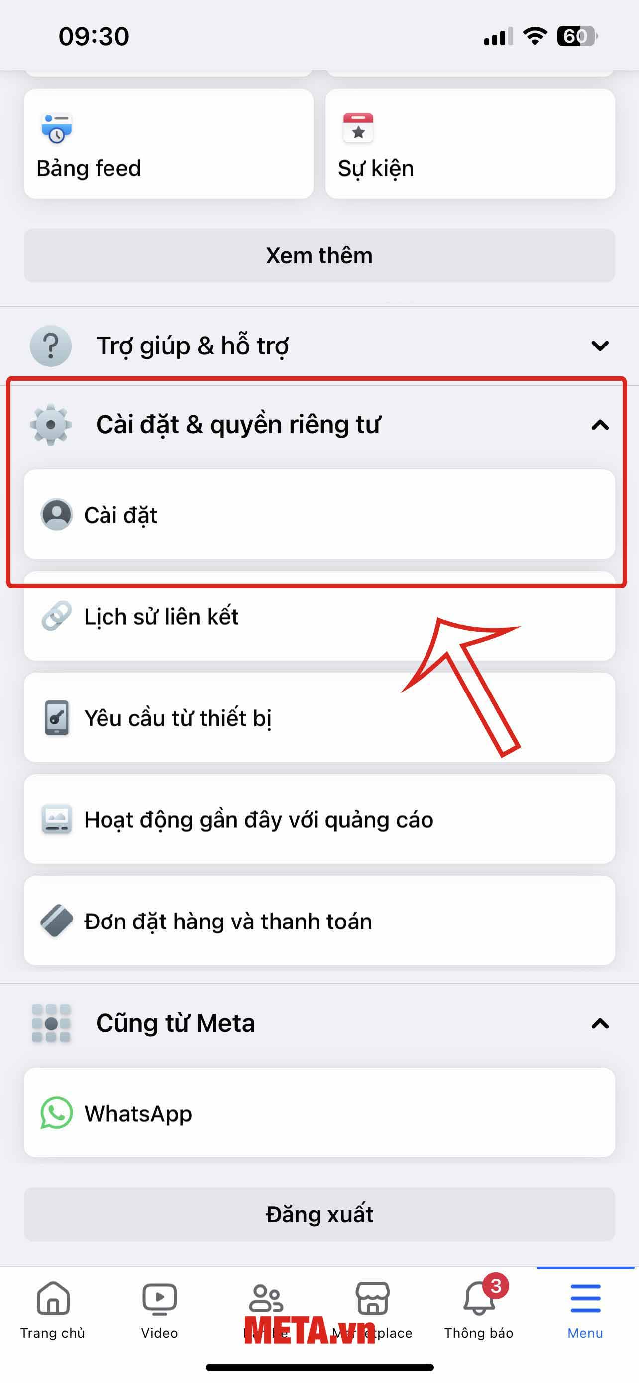 Nhấn chọn Cài đặt & quyền riêng tư → Nhấn Cài đặt