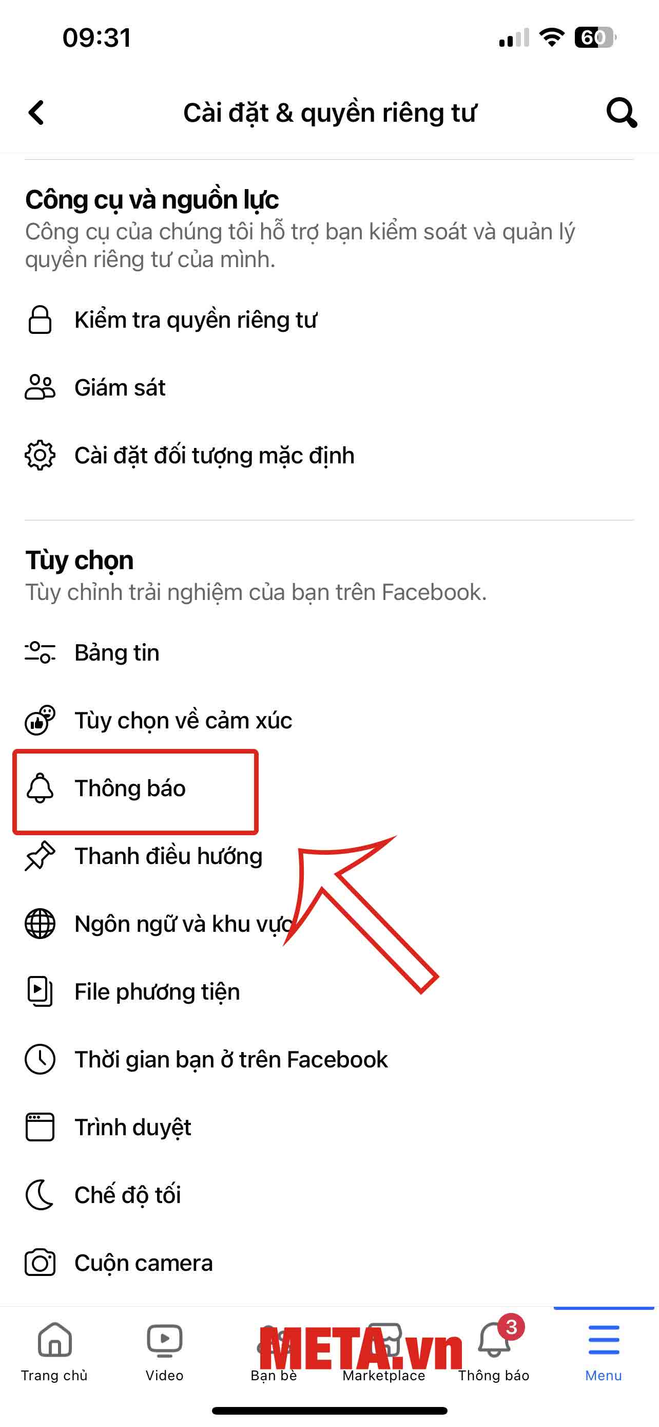 Chọn Thông báo