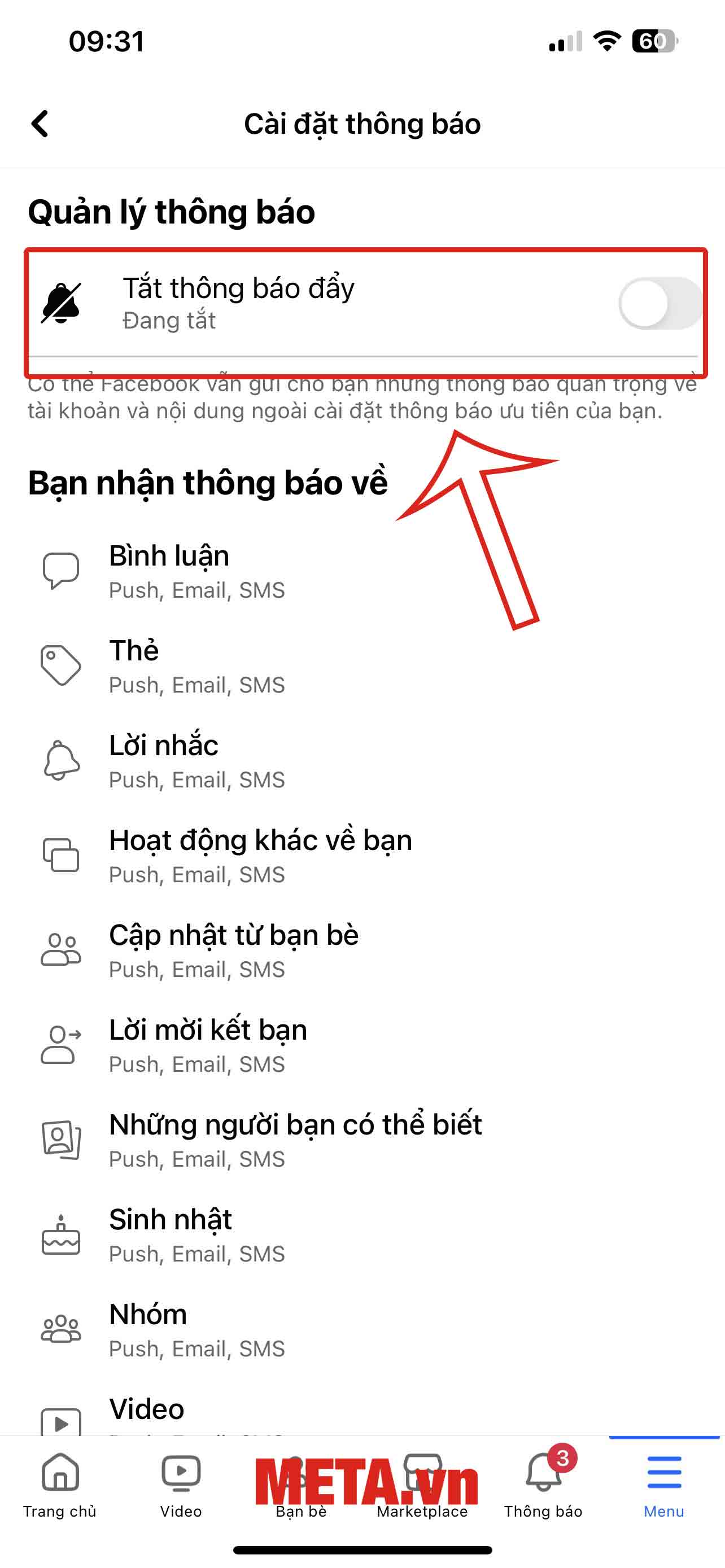 Nhấn vào Thanh gạt Tắt thông báo đẩy về vị trí Tắt
