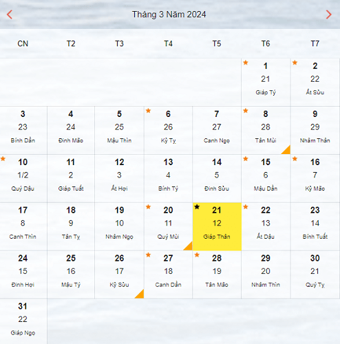 Lịch ngày 21/3 năm 2024