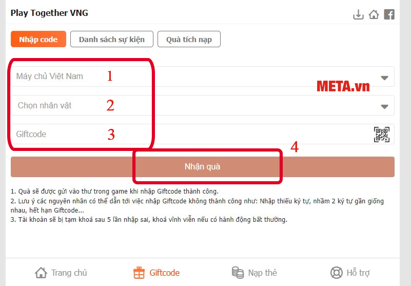 Nhập giftcode mà chúng tôi chia sẻ ở phía trên → Nhấn Nhận quà