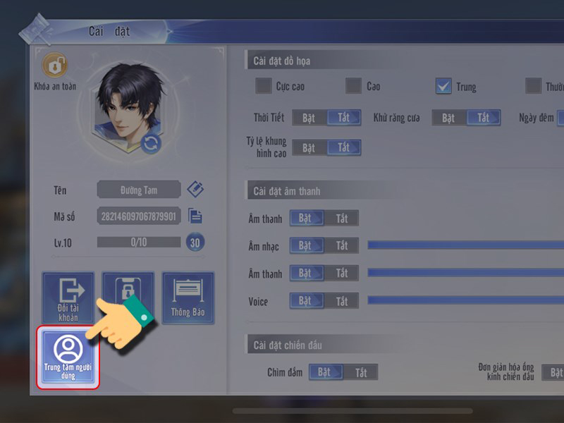 Nhấn chọn Trung tâm người dùng