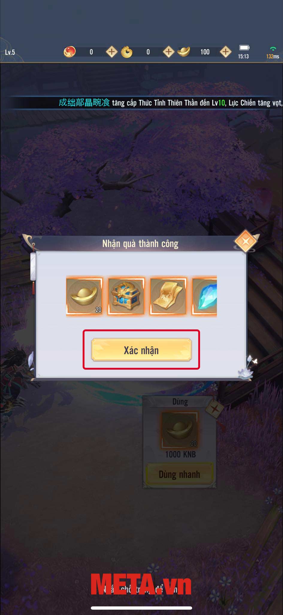 Màn hình tự động hiển thị nhận quà thành công