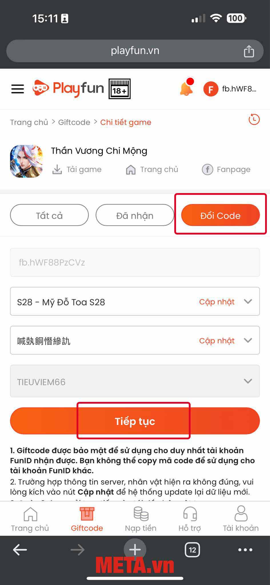 Nhấn Đổi code → Chọn Tiếp tục