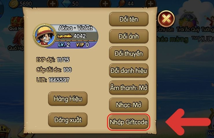 Nhấn vào mục Nhập Giftcode