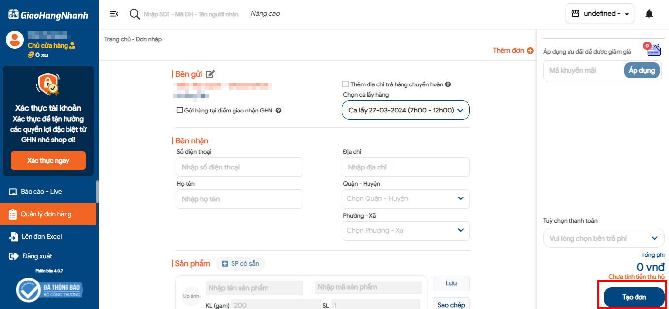 Ấn vào mục Tạo Đơn