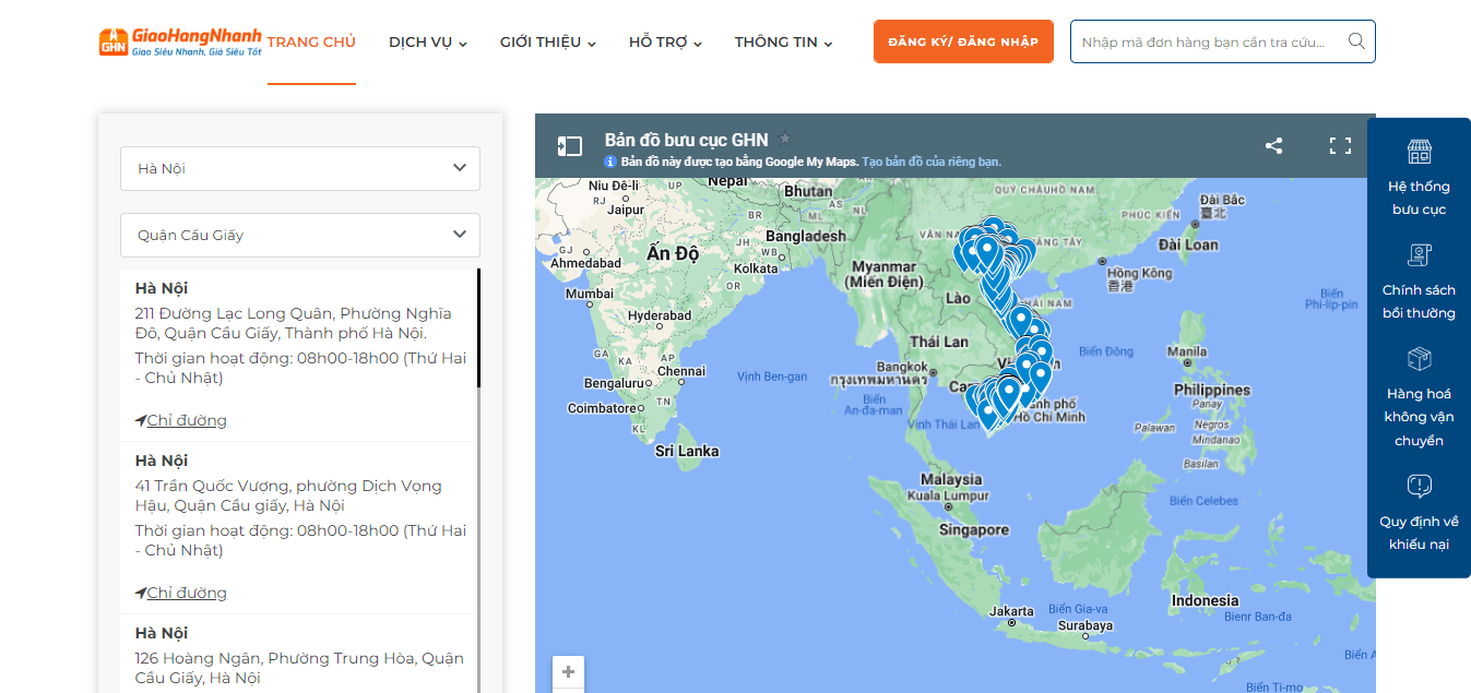 Tra cứu bưu cục Giao Hàng Nhanh
